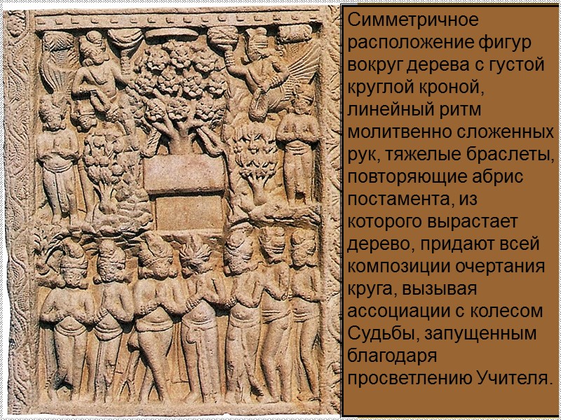 Симметричное расположение фигур вокруг дерева с густой круглой кроной, линейный ритм молитвенно сложенных рук,